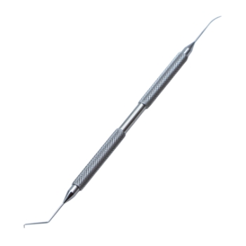 Koch Spatula / Nagahara Chopper, Double Ended, One End Koch Spatula, 0.8mm Wide, Gently Curved, Duckbill-Shaped Tip, Other End Nagahara Chopper, 1mm, 60 Degrees Cutting Edge, Angled 10mm Bend to Tip, Round Knurled Stainless Steel Handle, Overall Length 5" (126mm) AE-2520